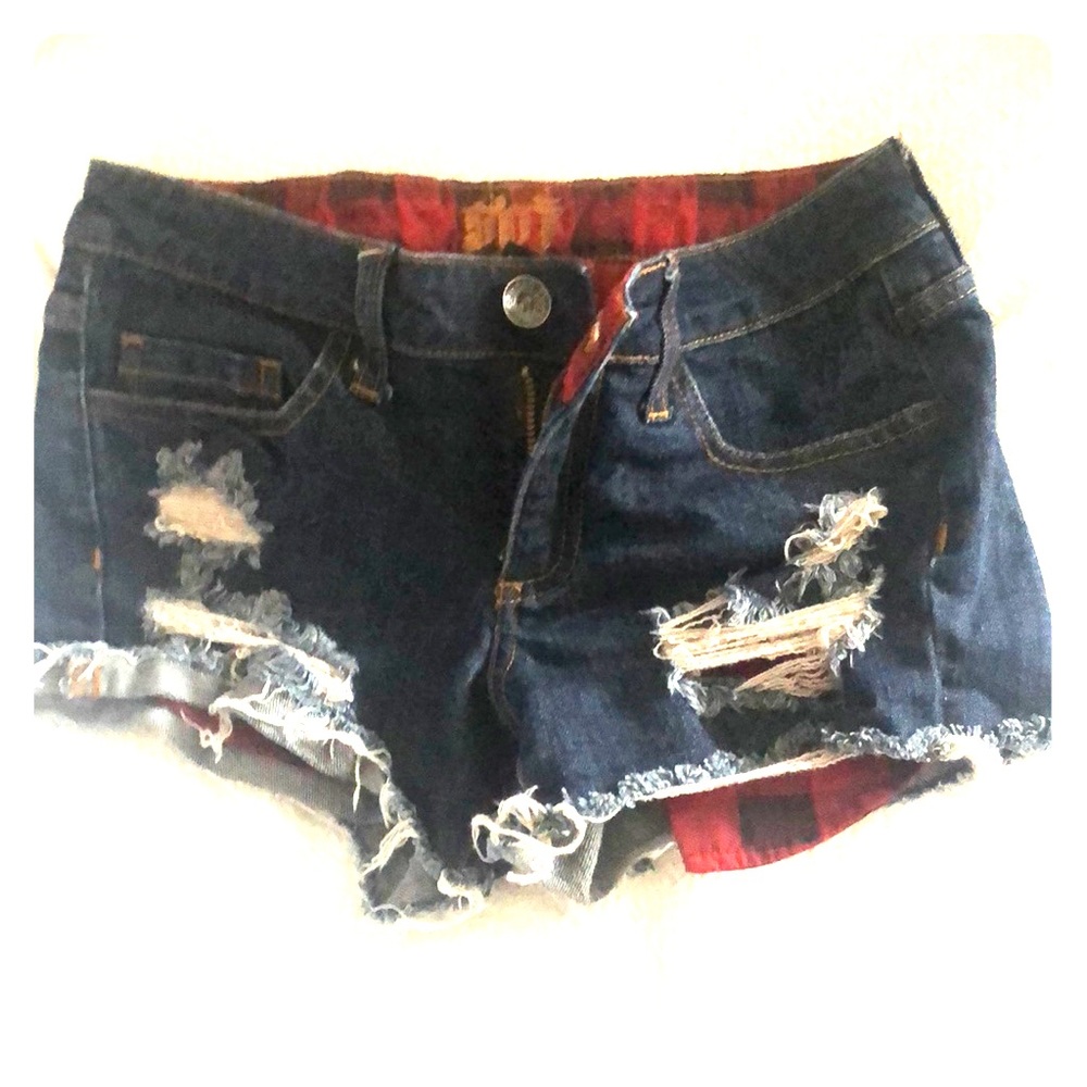Sneak Peak dark jean shorts red plaid
